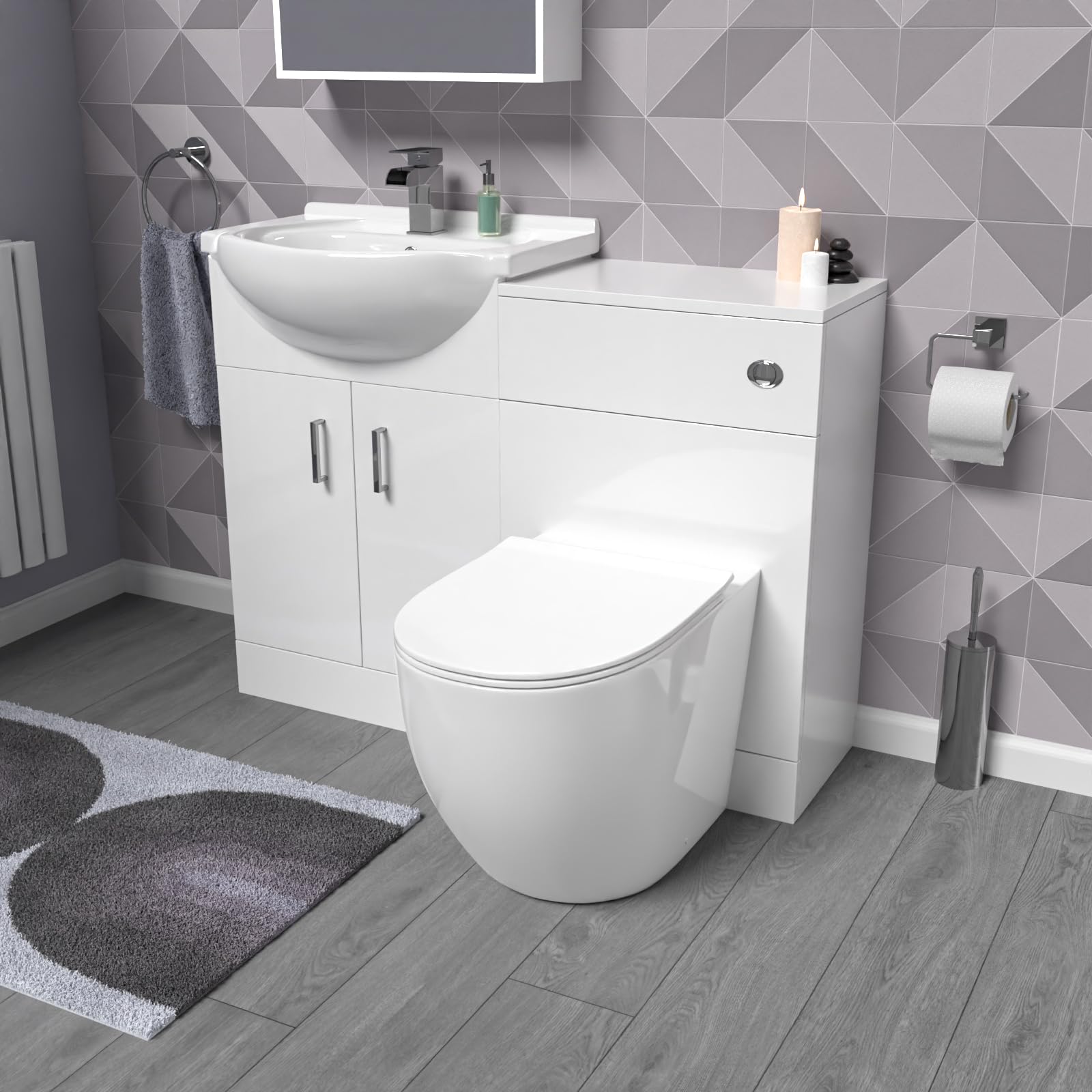 Nes Home White 1050mm Vanity Unit with WC Unit & Round Back to Wall Toilet