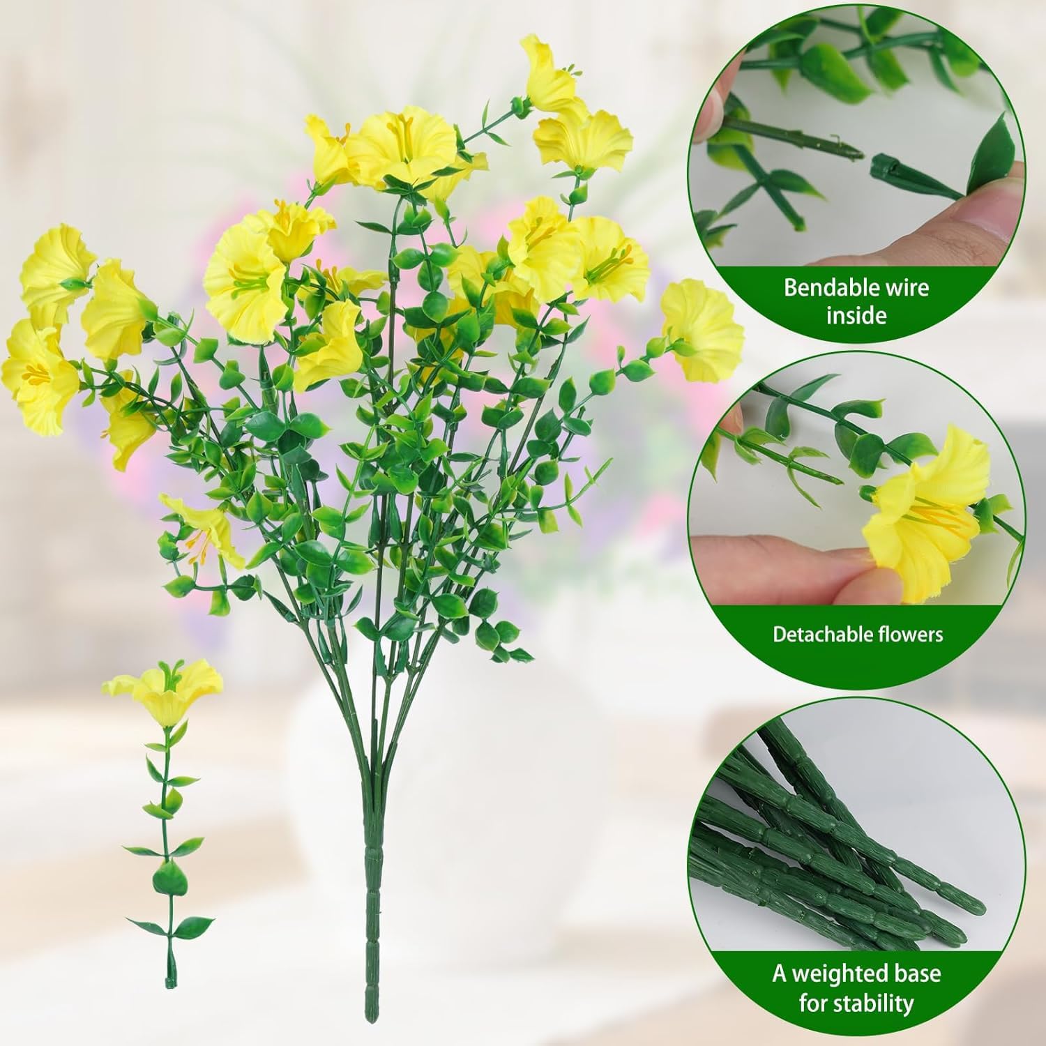 INQCMY Artificial Flowers for Outdoors, 12 Bundles UV Resistant Fake Morning Glory and 2 Bundles Greenery Grass, Silk Faux Plants for Garden Porch Patio Home Decor