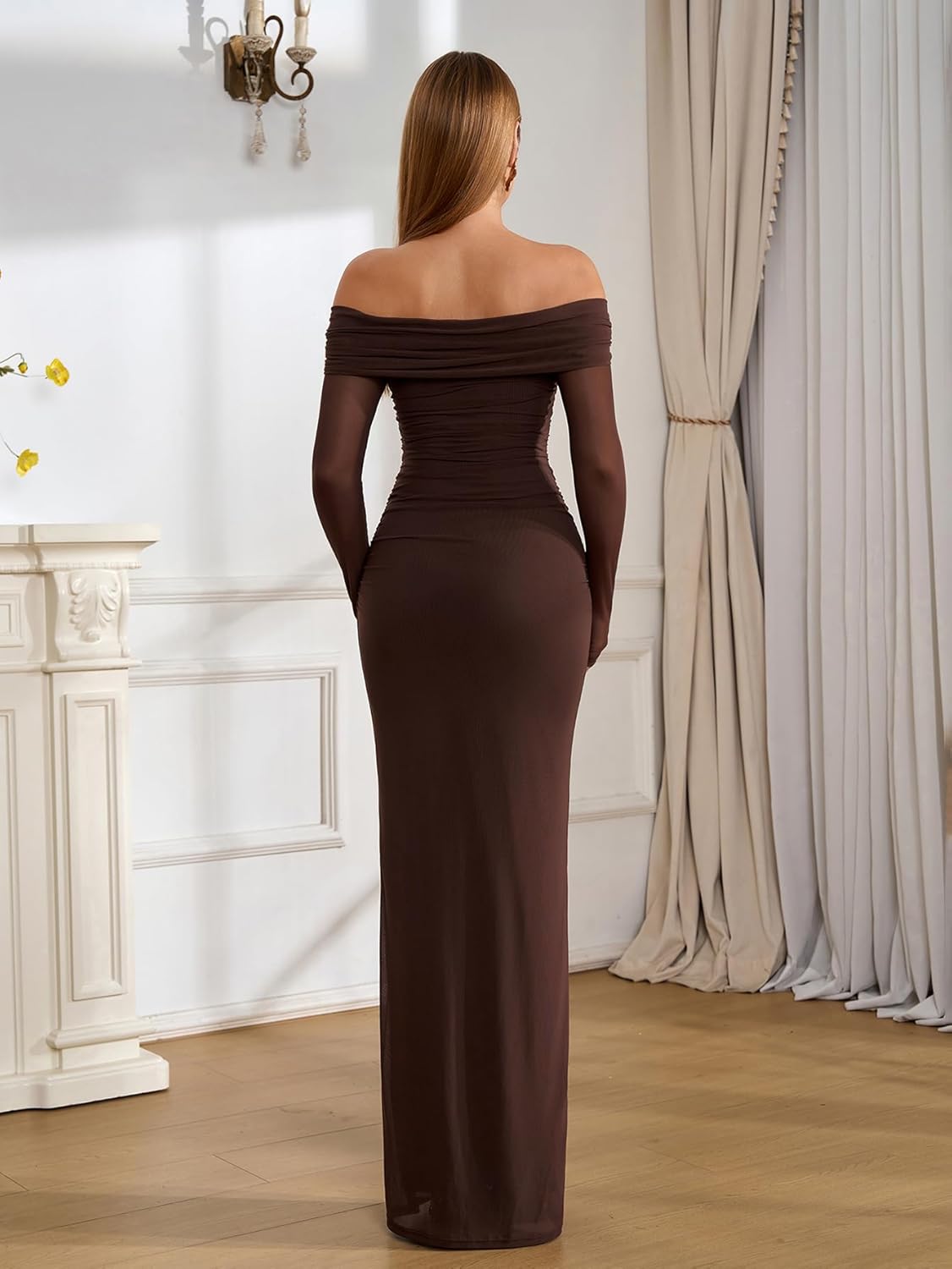 Off Shoulder Long Sleeve Bodycon Maxi Dress Mesh Twist Ruched Wedding Guest Formal Party Fall Dresses for Women - Image 3