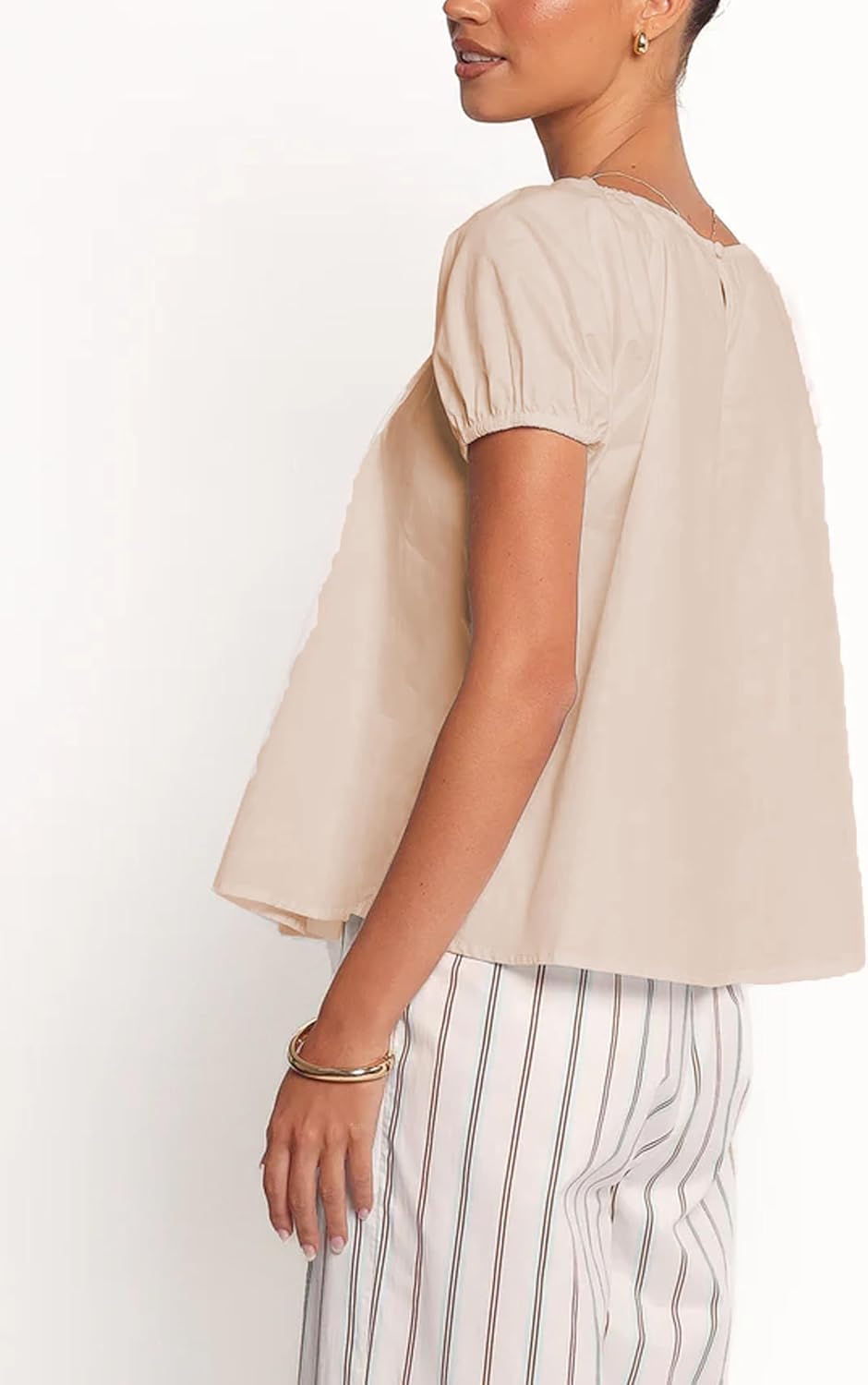 Zontroldy Women's Summer Cotton Blouses Tops Pleated Short Sleeve Crewneck Casual Babydoll Shirts Khaki - Image 2