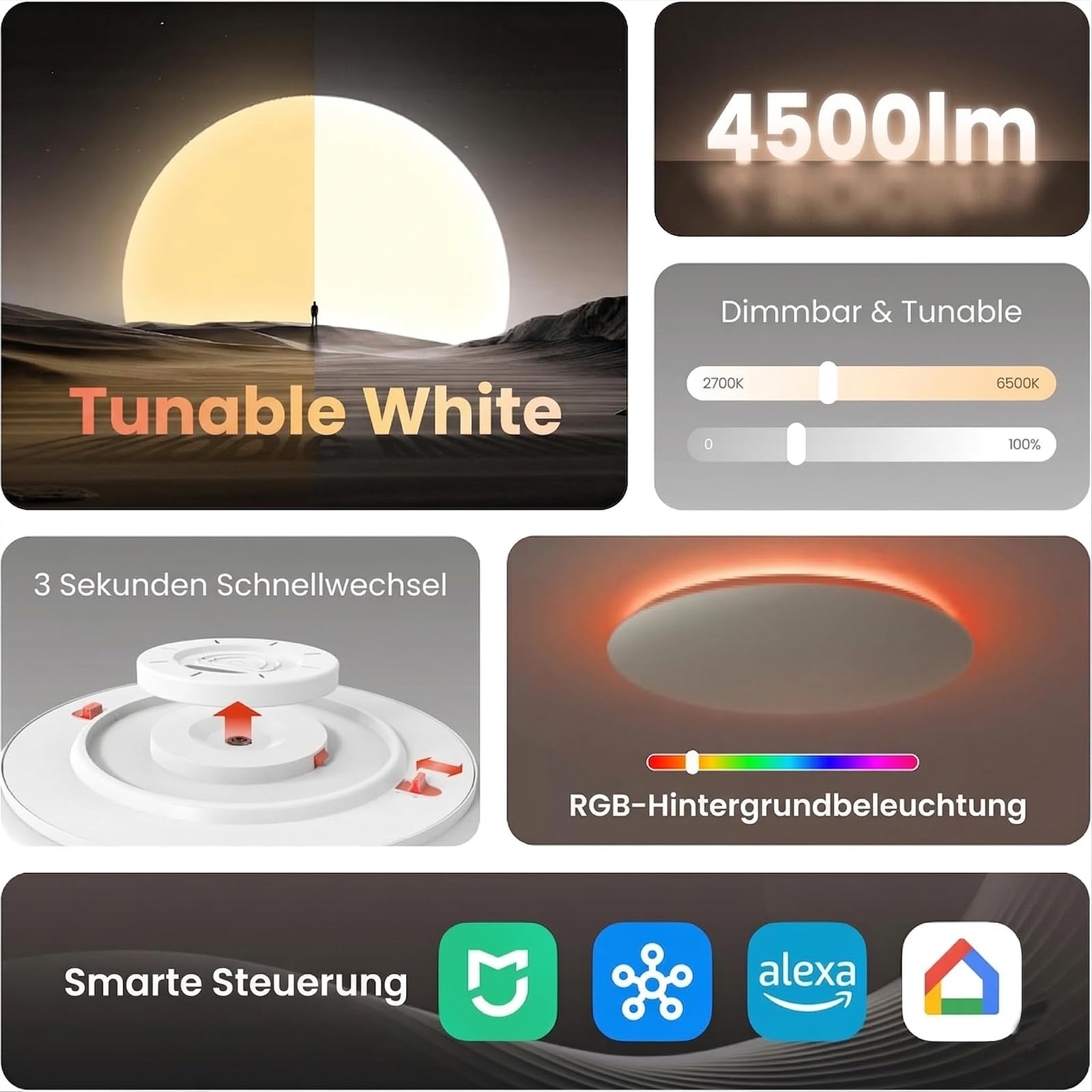 Yeelight Inteligentna Lampa Sufitowa LED RGBCW 60cm, 50W 4000LM, Możliwość Ściemniania z Pilotem, 16 Milionów Kolorów, 2700K-6500K, Współpracuje z Alexa, Google Home i Aplikacją