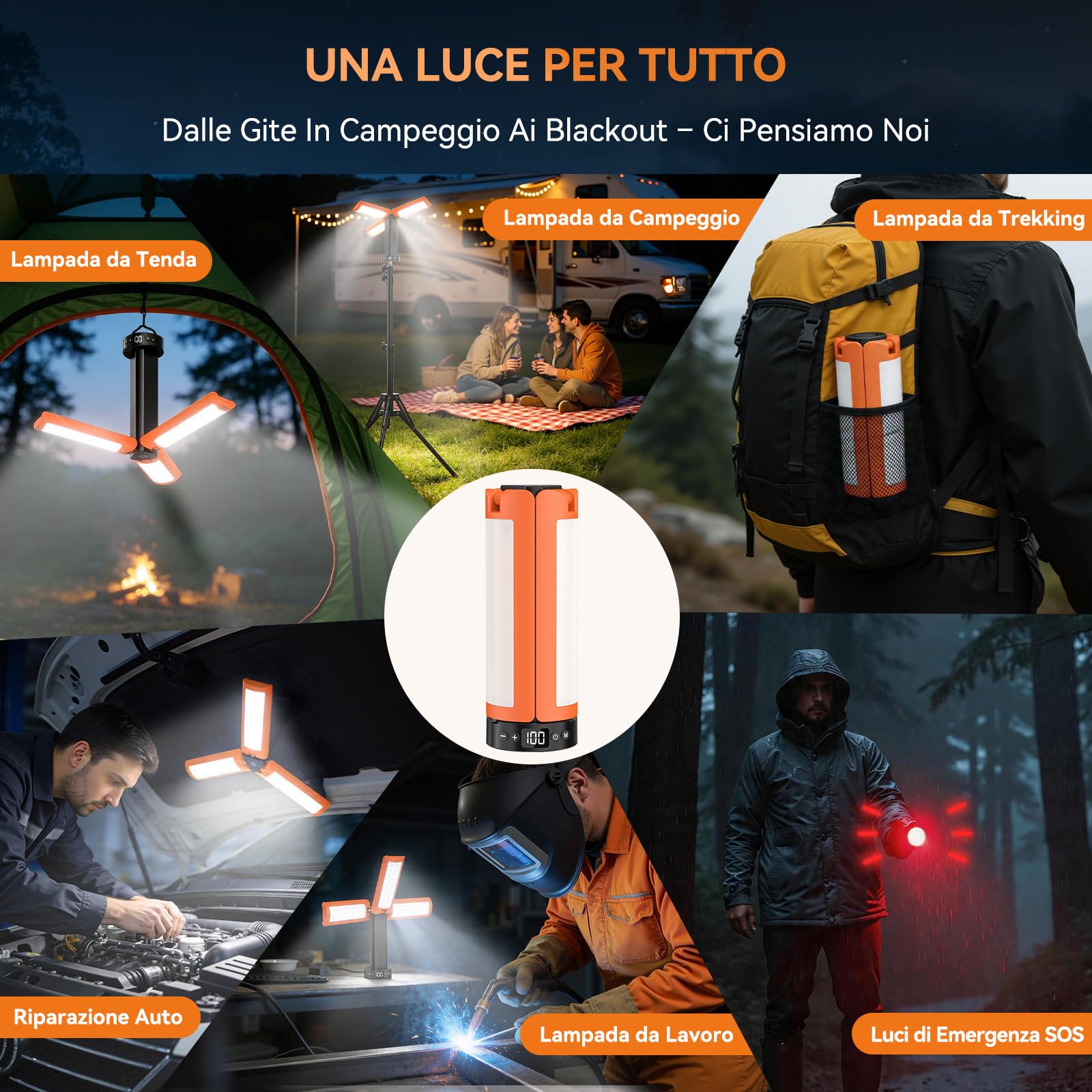 Lampada da campeggio ricaricabile con treppiede, 12000 mAh, 3 colori di luce, LED dimmerabile da 6000lm, IP65, adatta per officine, campeggio, cantieri edili e situazioni di emergenza.