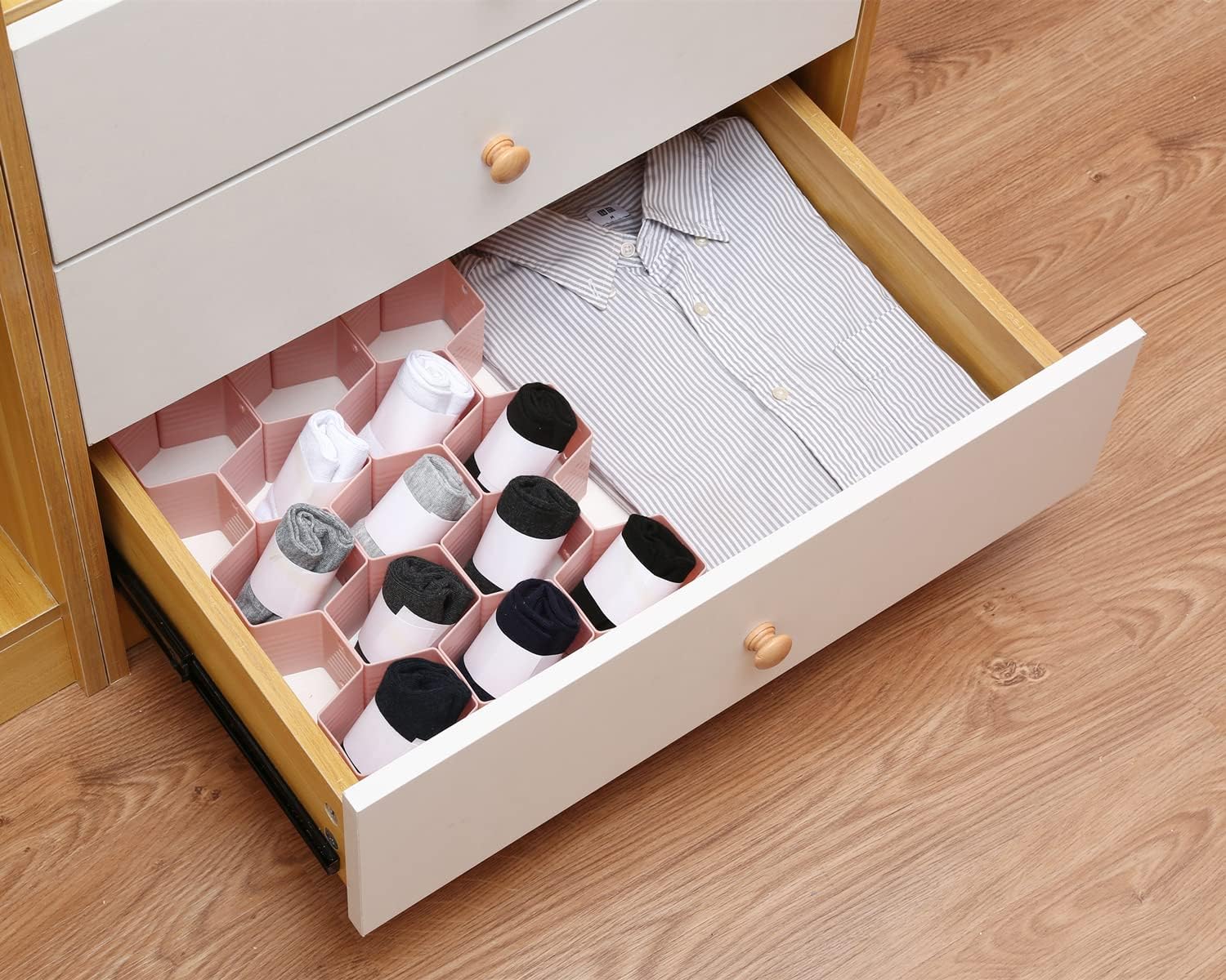 Honeycomb drawer organizer and divider, underwear, socks, tie sorter, office supplies and sundry sorting 32 pieces (Pink)