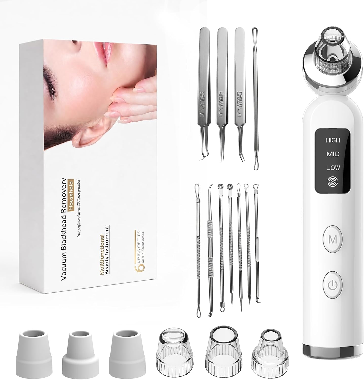 6‑Probe Pore Vacuum Blackhead Remover – 3 Suction Levels, USB Rechargeable, Portable Comedone Extractor Kit for Men & Women (White Button)