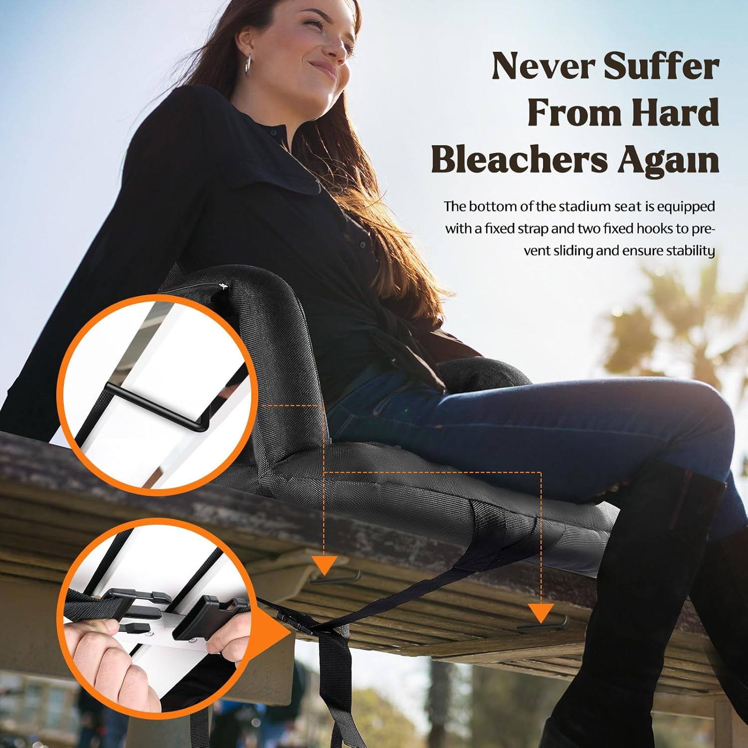 Wide Stadium Seats with Back Support, Bleacher Chairs with Back and Cushion, 6 Reclining Positions, Stadium Chair Bleacher Seat with Armrests for Sport Events, Camping, Concerts