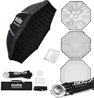 Godox 150 cm ultra large octagon box with honeycomb grille and Bowens Mount, professional octagonal soft box with quick release for ultra-soft light, ideal for group photos and advertising | Snabbutfällbar paraplydesign med Bowens-fäste i metall, perfekt för porträtt, resor och snabba studiofotograferingar.