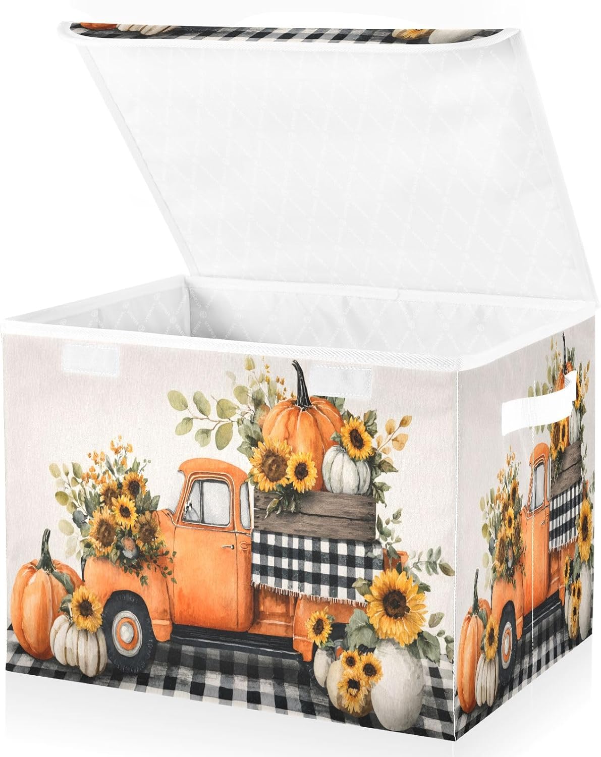 Storage Bins with Lids and Handles,Orange Truck Pumpkin Sunflower Storage Box Basket with Cover Collapsible Organizer Containers for Home Closet, Shelves