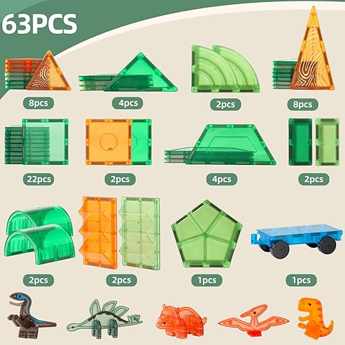 Miniatura 4 de Azulejos magnéticos de dinosaurio para niños de 3 a 8 años, juego de bloques de construcción de dinosaurios 3D con 1 coche magnético, figuras de 5