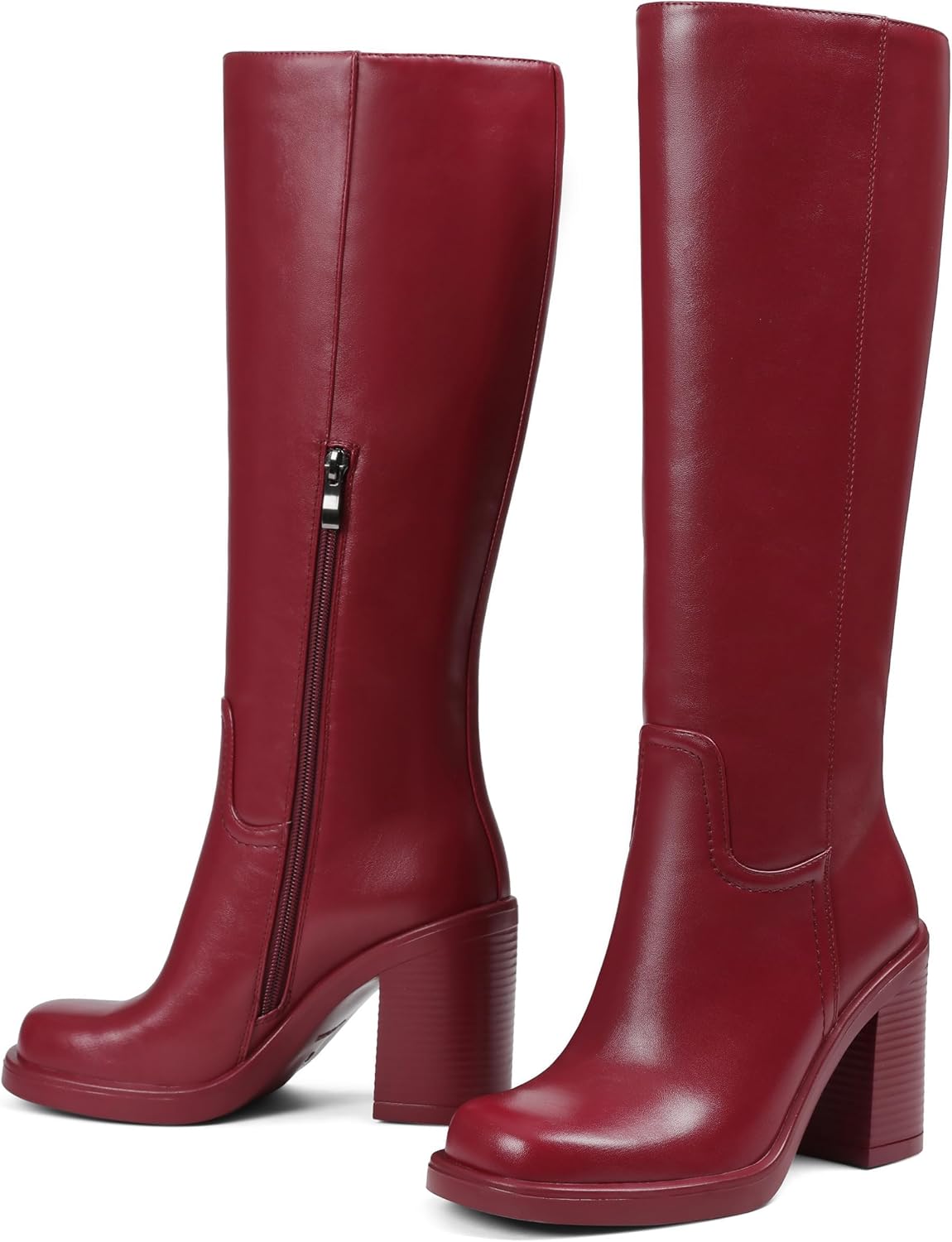 Knee High Boots Women Wide Calf Boots for Women Tall Boots Leather Long Square Toe Platform Chunky Heel Half Zip