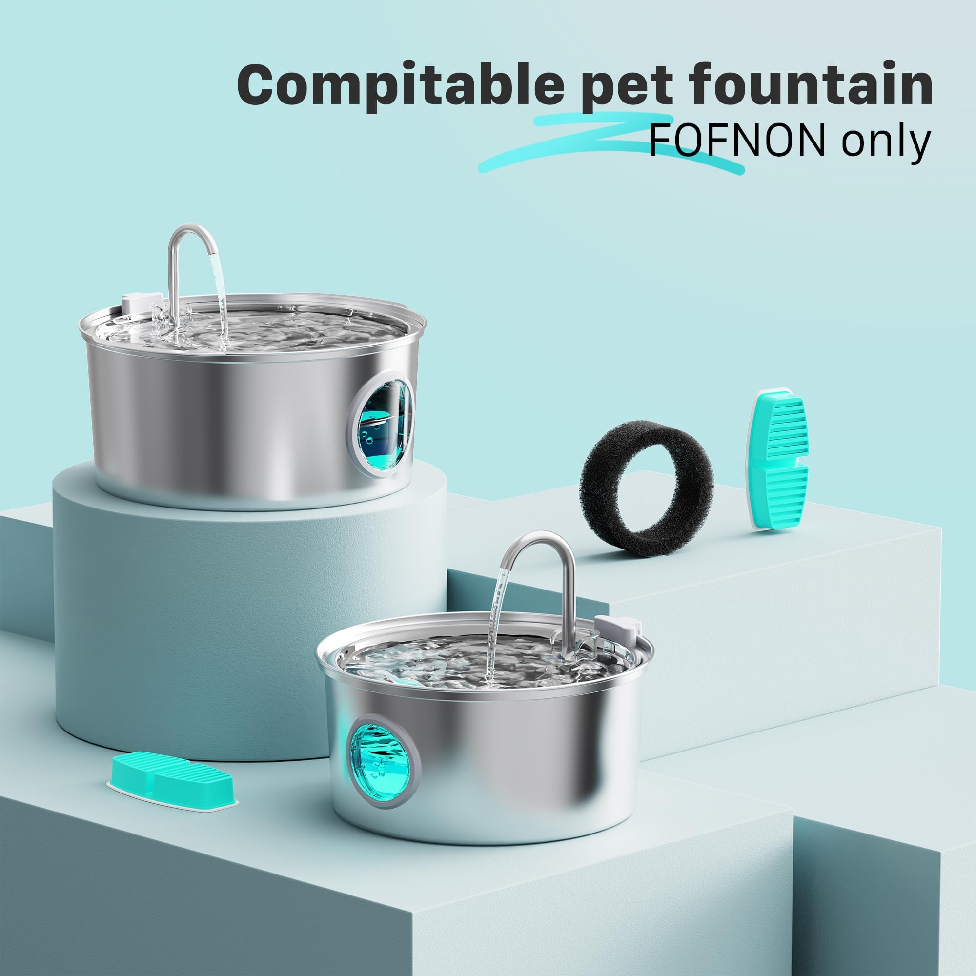 FOFNON Lot de 16 Filtres pour Fontaine à Eau pour Chat et Chien - 8 Filtres + 8 Éponges - Compatible avec Modèles FOFNON 3,2 L