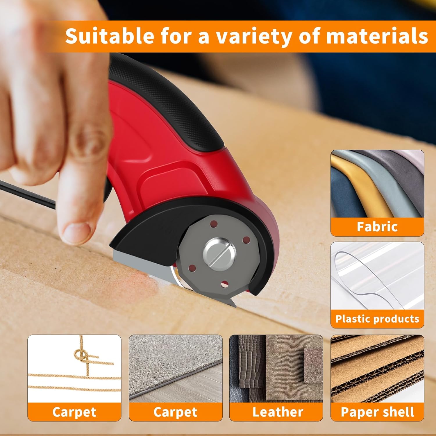 ZFULVO Cordless Electric Scissors Rechargeable with 2-Blade & Storage Bag, Powerful Rotary Cardboard Box Cutter 3.7V 2000mAh for Cloth Carpet Plastic Leather, Charging Cable(Red)