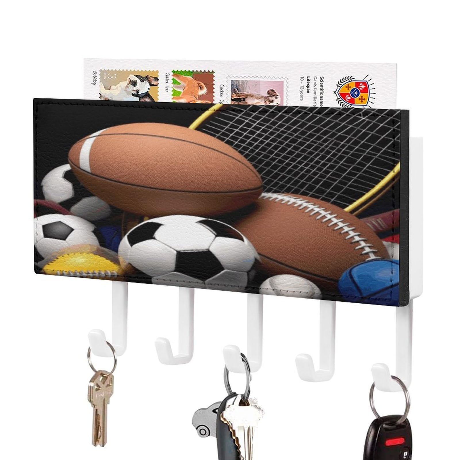 FekiLoot Sports Themed Key Holder Wall Mount Key and Mail Holder Key Hanger with 5 Hooks Decorative PU Key Rack Hanging Key Hooks for Wall Living Room Kitchen Bathroom Hallway White-Style