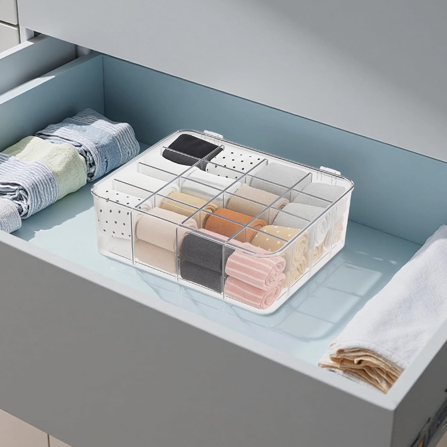 Stackable Storage Organizer With Lid, Transparent Design, Space-Saving Solution For Wardrobes