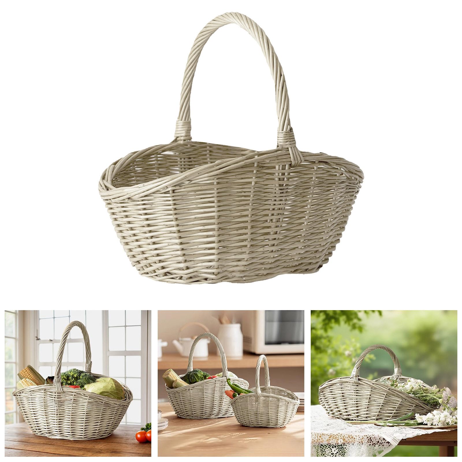 Générique Panier en Osier Naturel de Grande Capacité, Panier de RéColte Pastoral Tissé Conteneur Portable avec PoignéE pour Pique-Nique, Jardin, Cadeaux