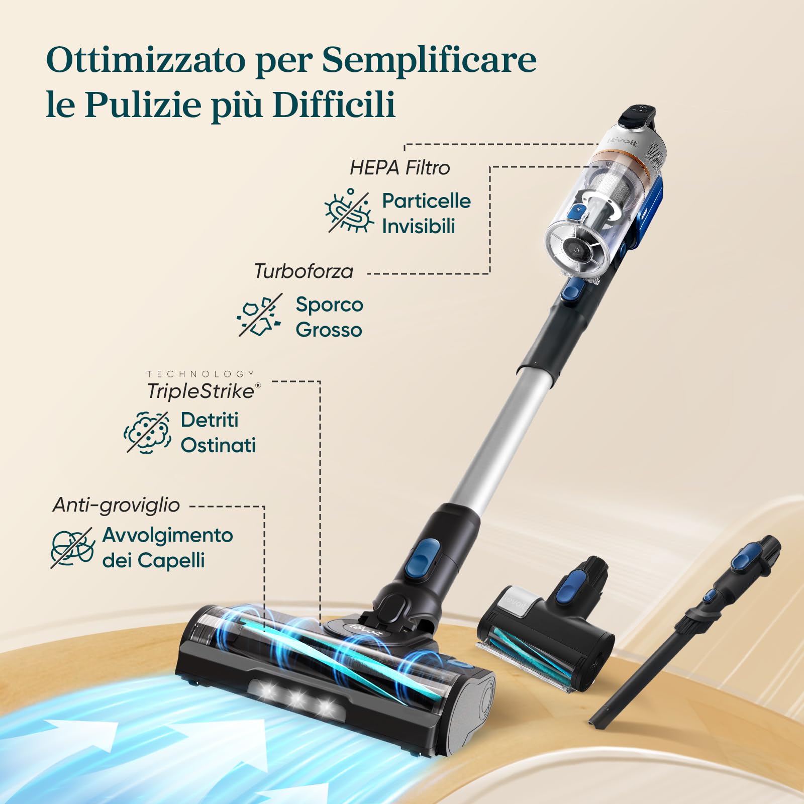 Levoit Aspirapolvere Senza Fili Potente con Mini Turbo Spazzola e Antigroviglio, 99,99% Filtrazione con HEPA, Scopa Elettrica Senza Fili con Schermo LED, Fino a 60min, per Pavimenti, Peli di Animali