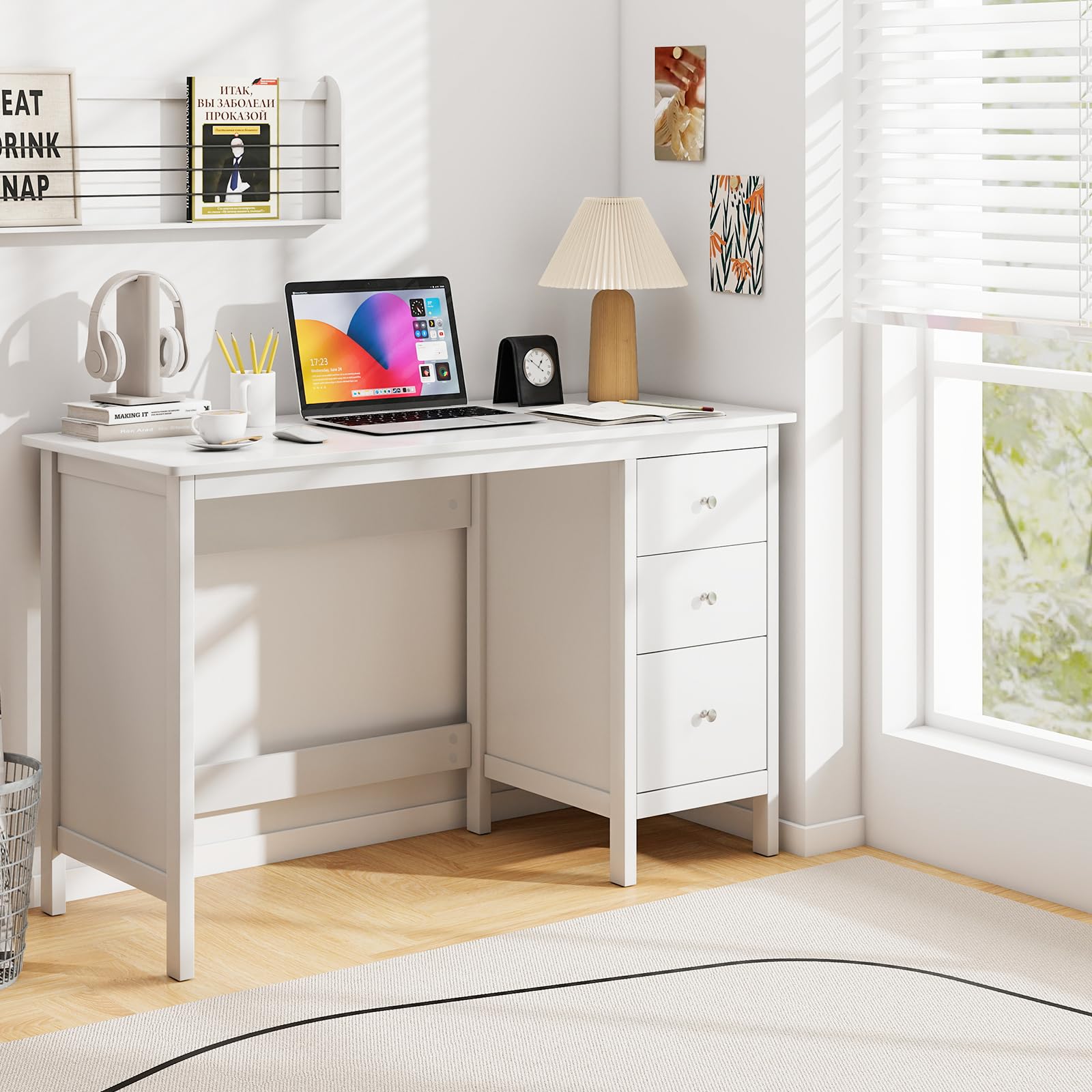 Tangkula White Desk with Drawers, Modern Home Office Computer Desk with Storage Drawers & Spacious Desktop, Compact Writing Study Desk Laptop Desk for Bedroom, Multipurpose Workstation