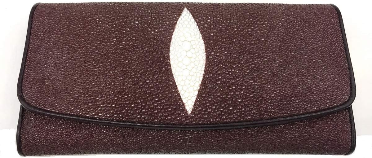 Julie Genuine Real Stingray Skin Leather One Eye Trifold Clutch Brown Wallet