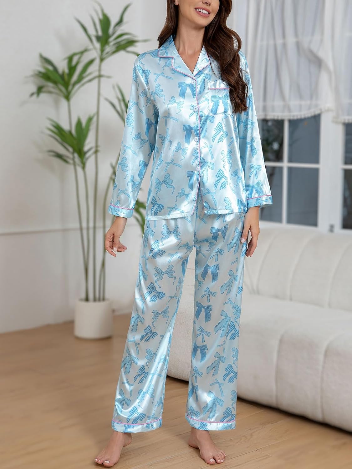 CloudLike Women Silk Satin Pajamas Sets 2 Piece Fall Pj Long Sleeve Button Down Sleepwear Nightwear Mathching Loungewear - Image 4
