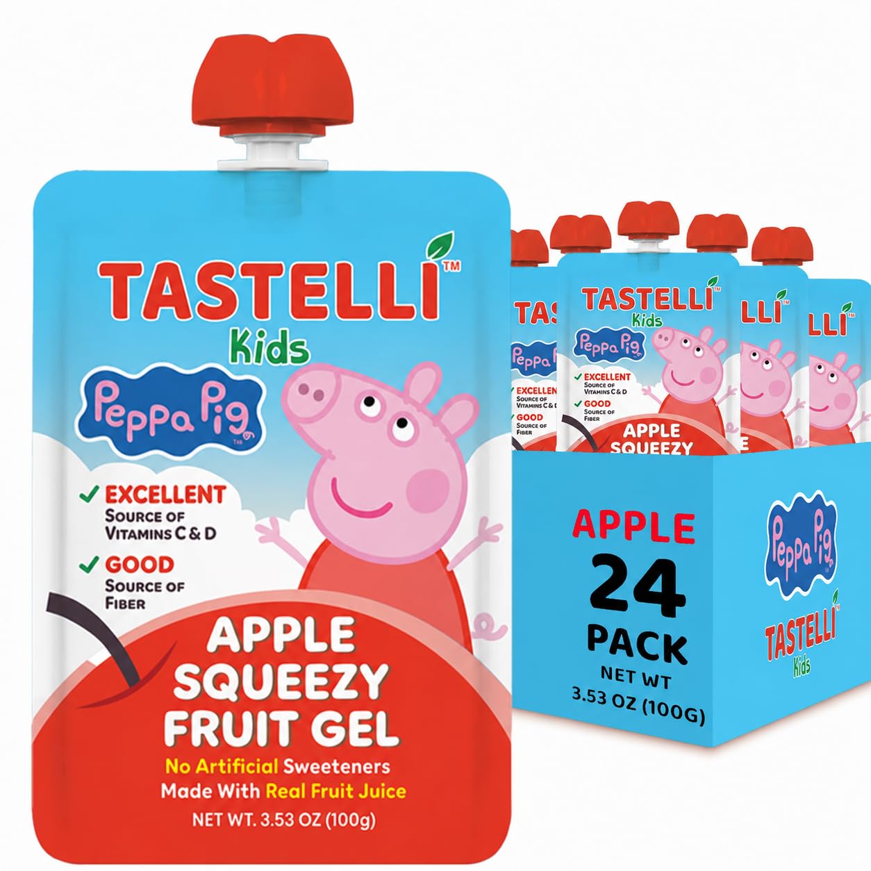 Tastelli Peppa Pig Kids Squeezy Fruit Gel – Apple Flavor – No Artificial Sweeteners or Flavors, Made with Real Fruit Juice, Fiber-Rich Prebiotic Gut Support, Vitamins C & D, Vegan, Gluten-Free - 24 Count