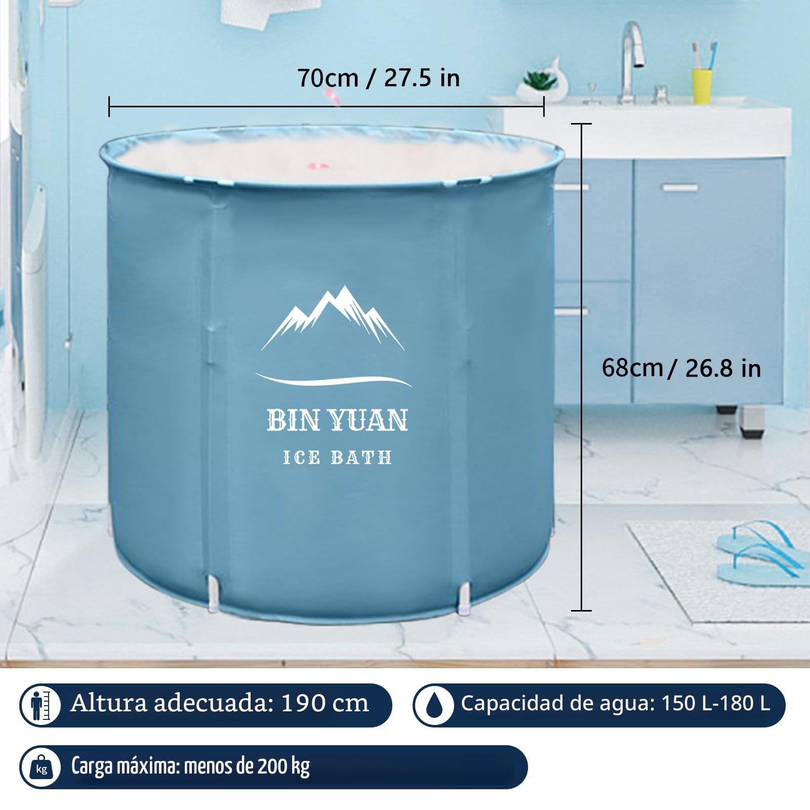 Bañera de hielo plegable, bañera de inmersión fría para adultos con estructura en forma de T actualizada, bañera de hidromasaje independiente para exteriores (Azul, ∅70x68cm)