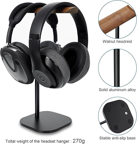 Miniatura 3 de Gvoears - Soporte mejorado para auriculares, soporte de auriculares de madera de nogal para escritorio, soporte de suspensión de auriculares duales,