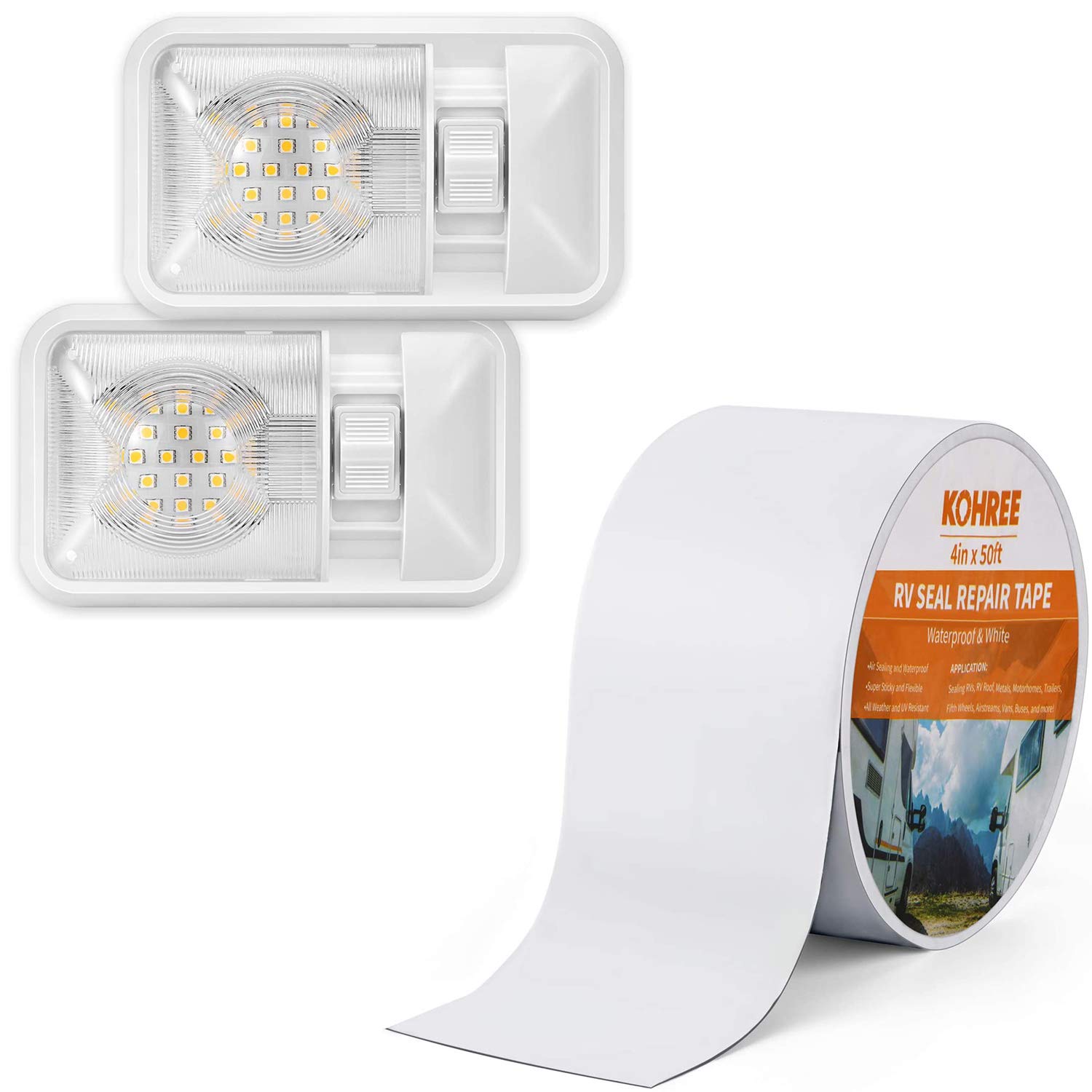 Kohree Bundle 12V Led RV Ceiling Dome Light RV Interior Lighting & RV Sealant Tape, 4 Inch x 50 Foot