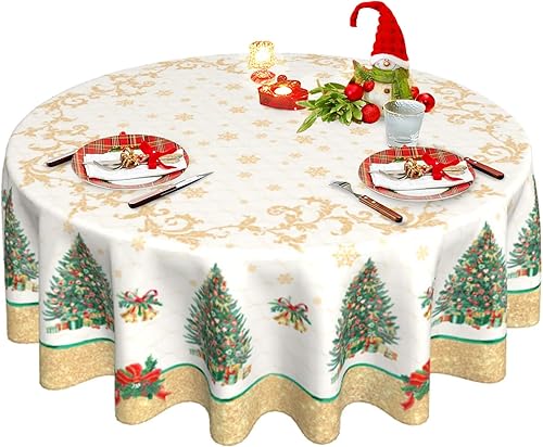 Oaxscug Mantel redondo rojo navideño de 70 pulgadas, mantel floral de copo de nieve de invierno para decoración de cocina de granja, mantel de tela