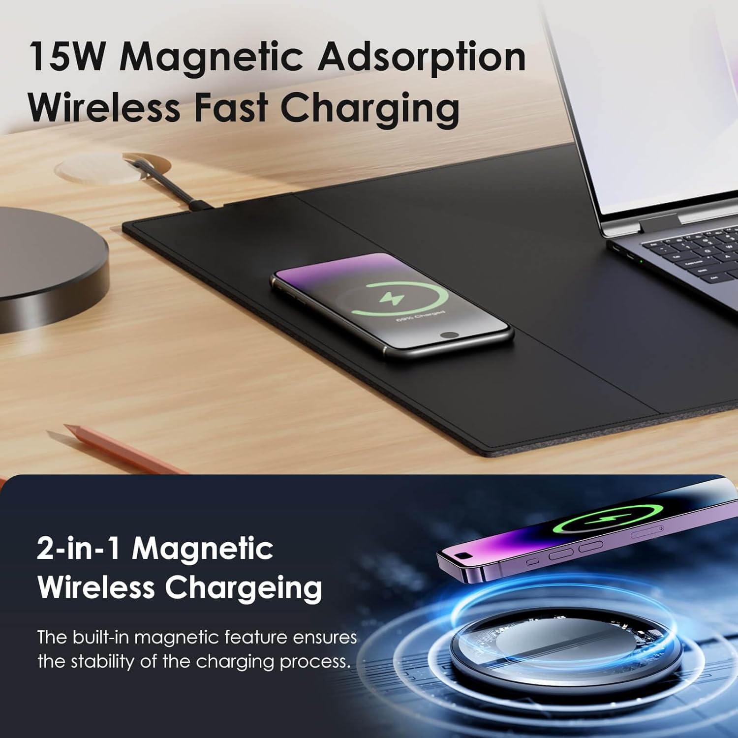 Magnetic Mouse Pad with Wireless Charging, 31'' x 11.7'' Extra Large Desk Pad, Waterproof and Scratch-Resistant Mousepad, Charcoal Black Computer Mouse Mat for MacBook, PC, Laptop