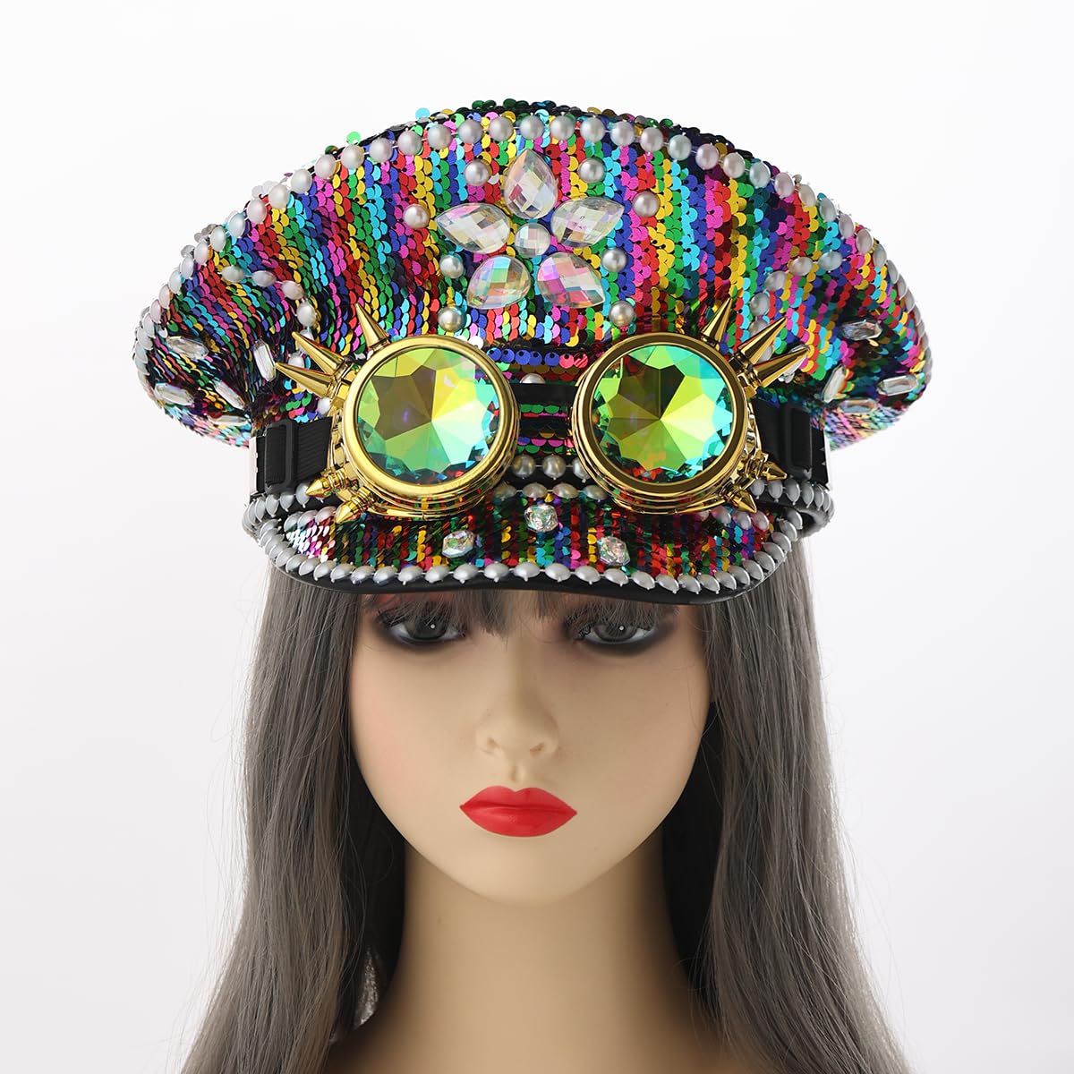 COSDREAMER Sombrero de lentejuelas para mujer, sombreros militares, con gafas