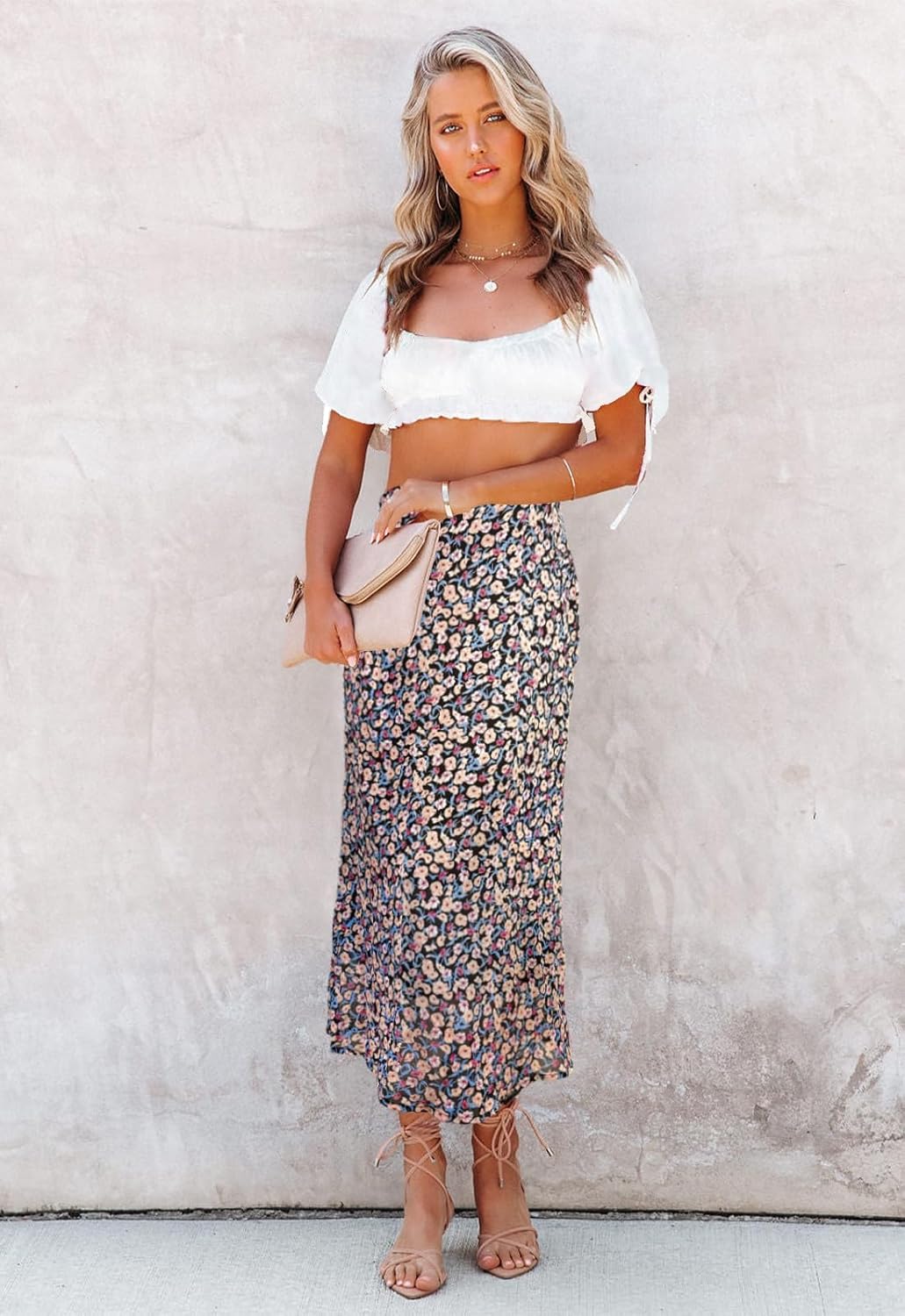 Women’s Floral Print Midi Skirt Casual High Elastic Waist Zipper Vintage Long Boho Skirts for Women - Image 4