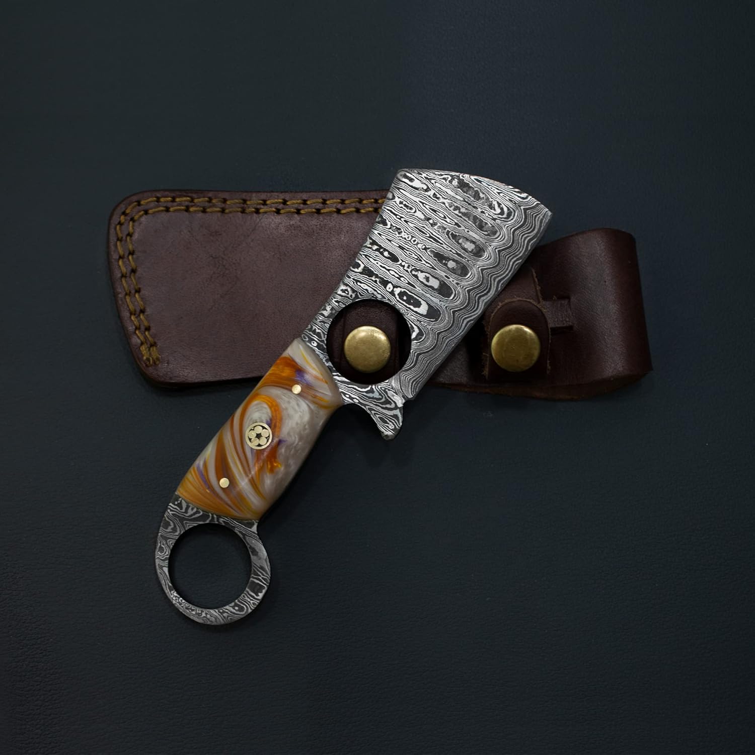 Titan International Knives Damascus Steel Mini Cleaver Fixed Blade Pocket Knife | Handmade 1095 4340 Carbon Mix Hand Pounded | Acrylic Handle with Sheath Kitchen & Outdoors