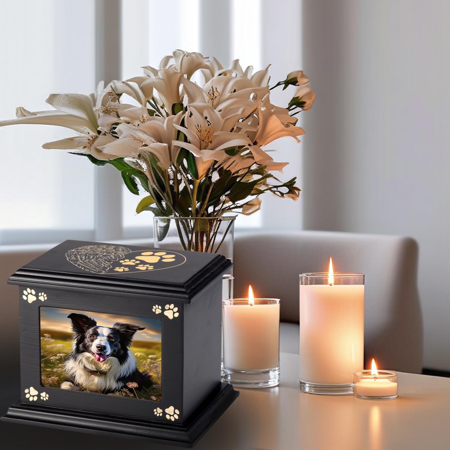 Urne pour animaux de compagnie urns Doggy Memorial 40 grande urne funéraire en bois urns avec cadre photo Memorial Memorial Memory Box Liner noir Anis perdu cadeau commémoratif pour animaux de