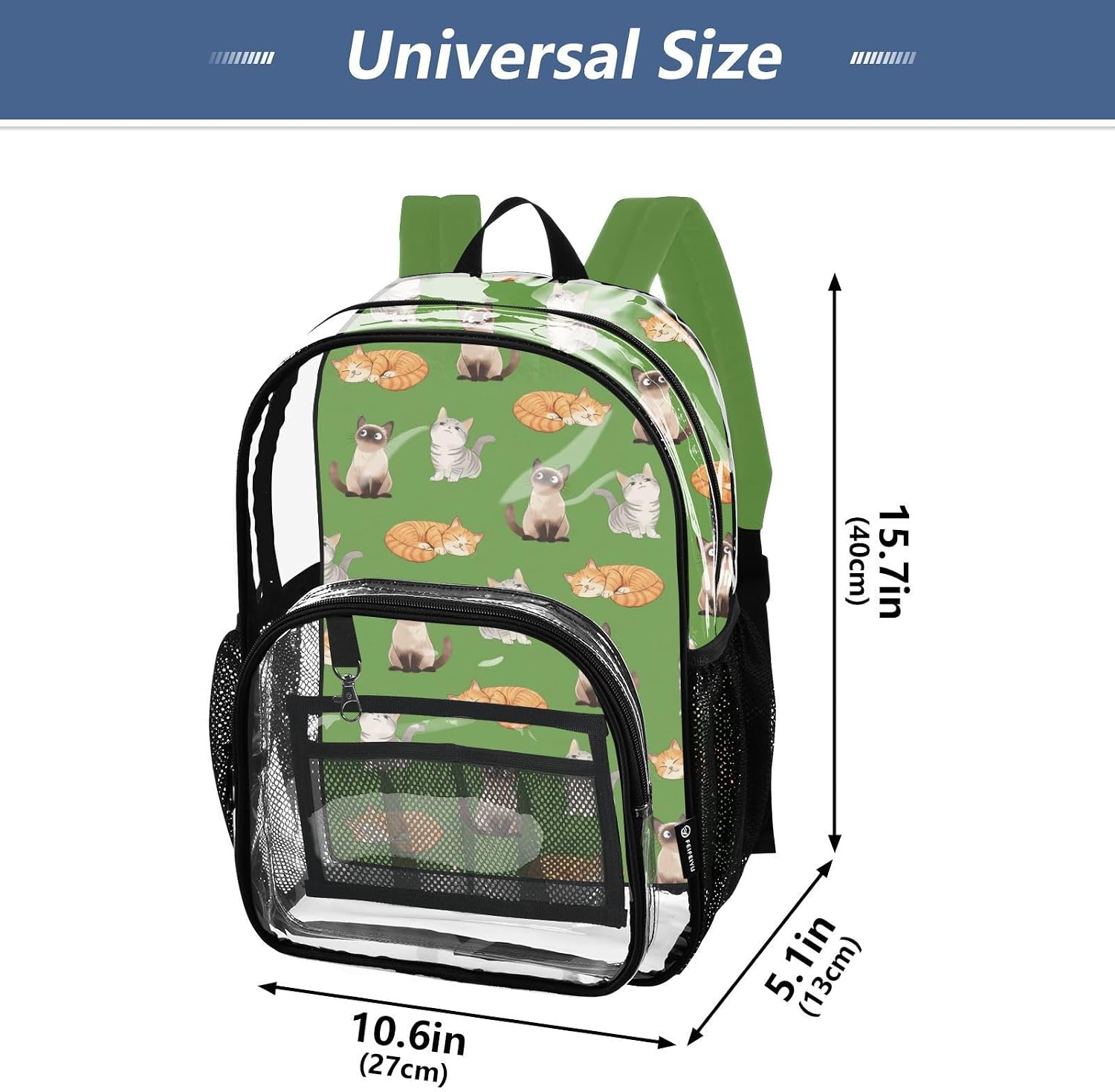 Cat Print Clear Backpack Lightweight Large Capacity See Through Bookbag Transparent Daypack Bag, 12L