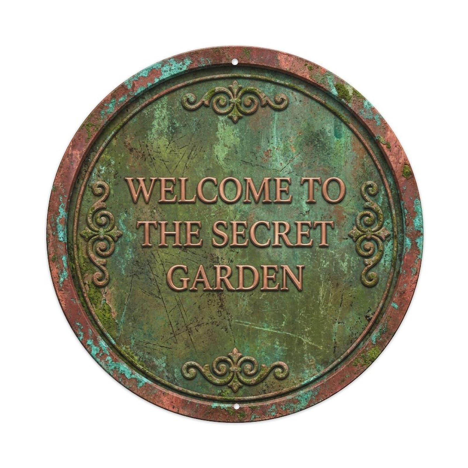 Vintage Welcome Secret Garden Copper Moss Aged Metal Tin Sign