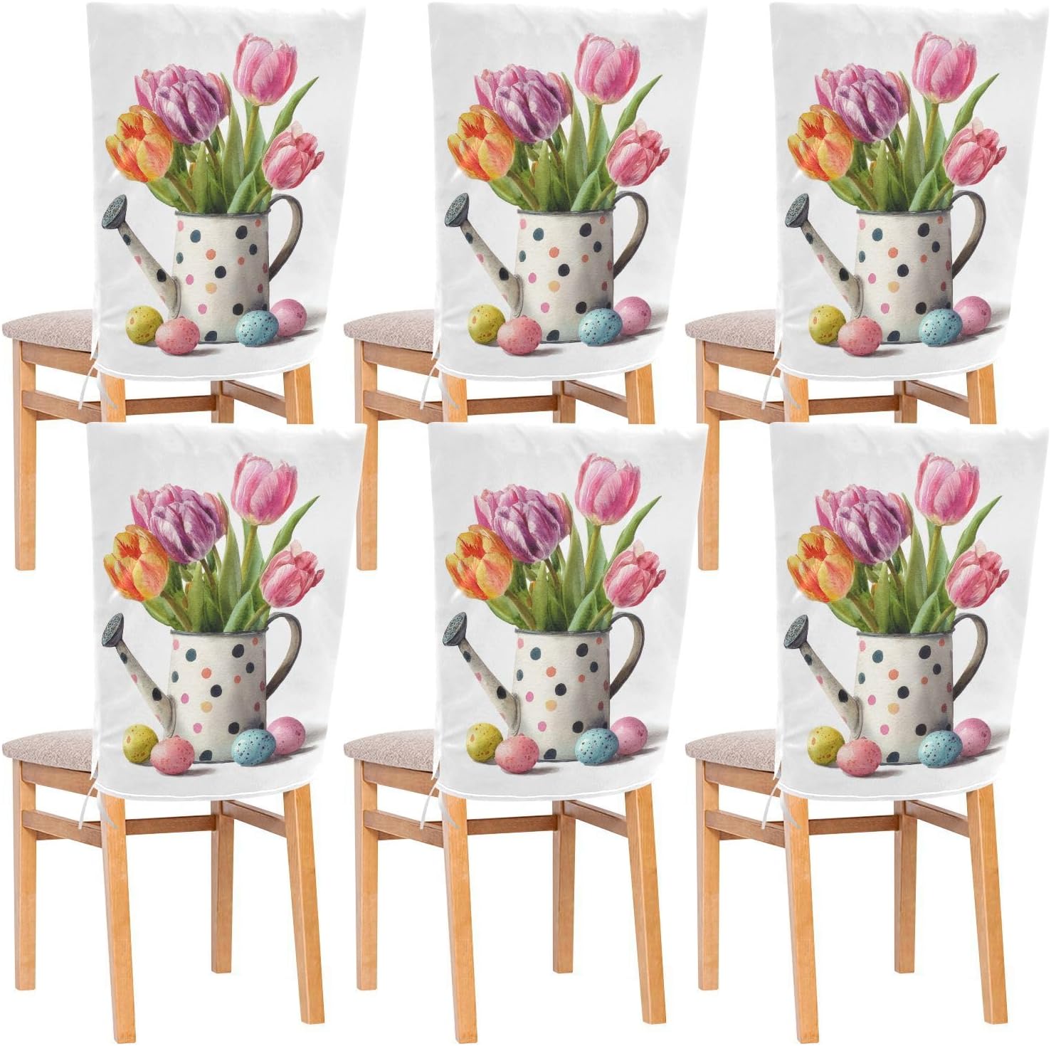 ALAZA Easter Eggs Tulip Flowers Chair Back Cover Set of 6, Washable Reusable Removable Chair Slipcovers Decorative Chair Cover for Home Kitchen Wedding Party