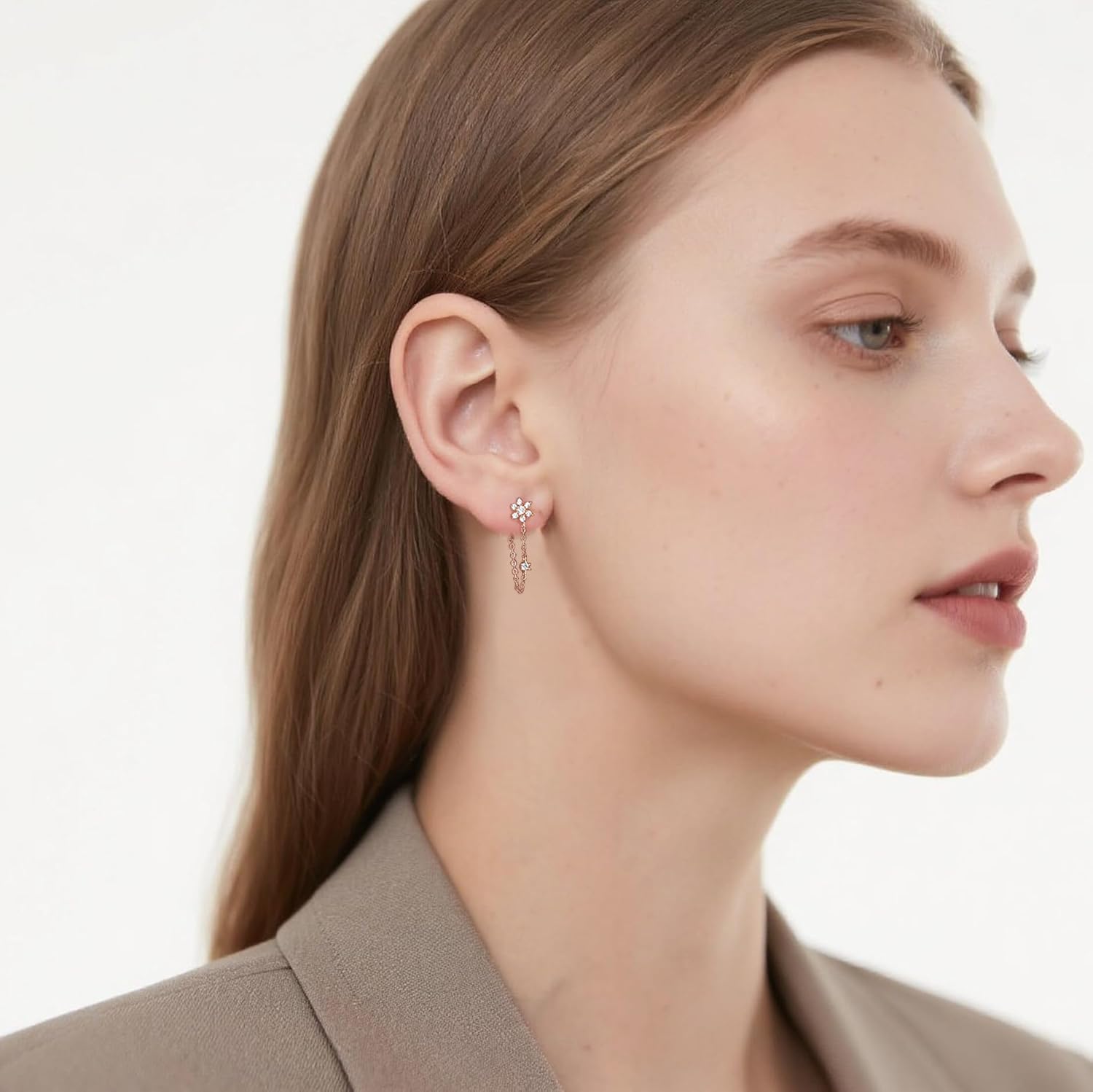 SLUYNZ Sterling Silver CZ Flower Dangle Earrings Chain for Women Teen Girls Flower Drop Earrings Studs