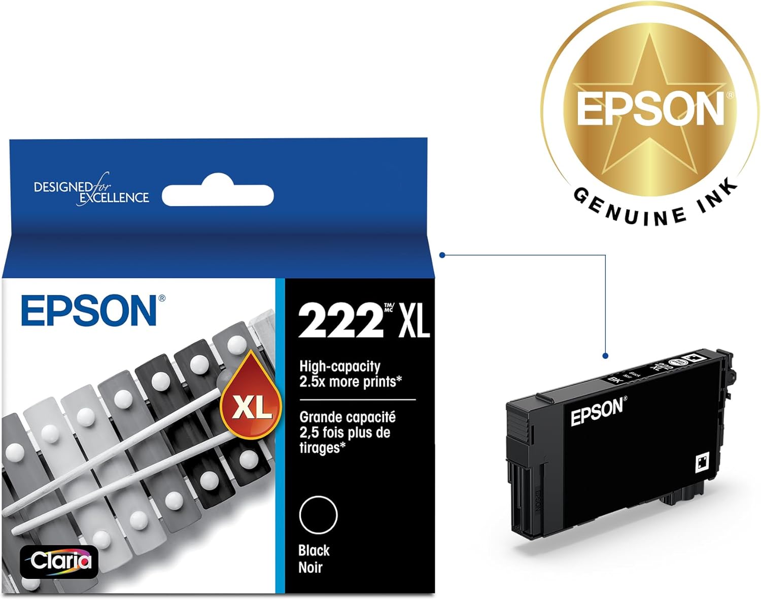 Epson 222 Claria Ink High Capacity Black Cartridge (T222XL120-S) Works with Workforce WF-2960, Expression XP-5200