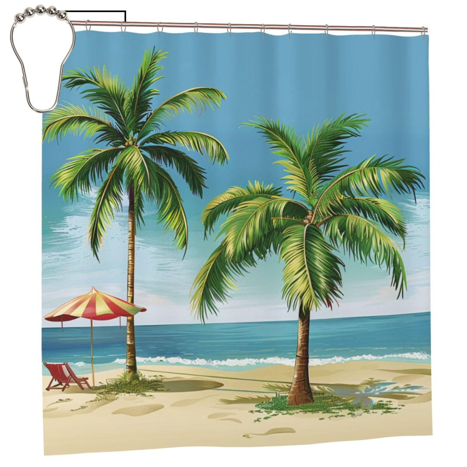BWWHCCTI Tropical Palm Tree Printed Shower Curtain With 12 Iron Hooks Opaque Quick Drying Waterproof Shower Curtains Sets For Bathroom 183x183 CM
