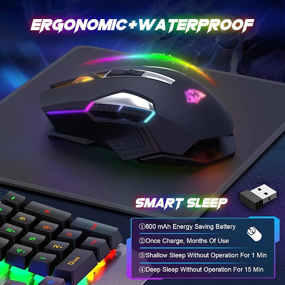 X18 Wireless Gaming Mouse 2.4G, Rechargable-XG502, 600mAh Ultra-Long Life, 7 RGB Light, 2400 DPI, Intelligent Power Saving, Silent Click, USB Receiver, Optical, for PC/Mac/PS4/XBOX (Black)