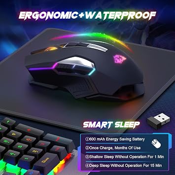 X18 Wireless Gaming Mouse 2.4G, Rechargable-XG502, 600mAh Ultra-Long Life, 7 RGB Light, 2400 DPI, Intelligent Power Saving, Silent Click, USB Receiver, Optical, for PC/Mac/PS4/XBOX (Black)