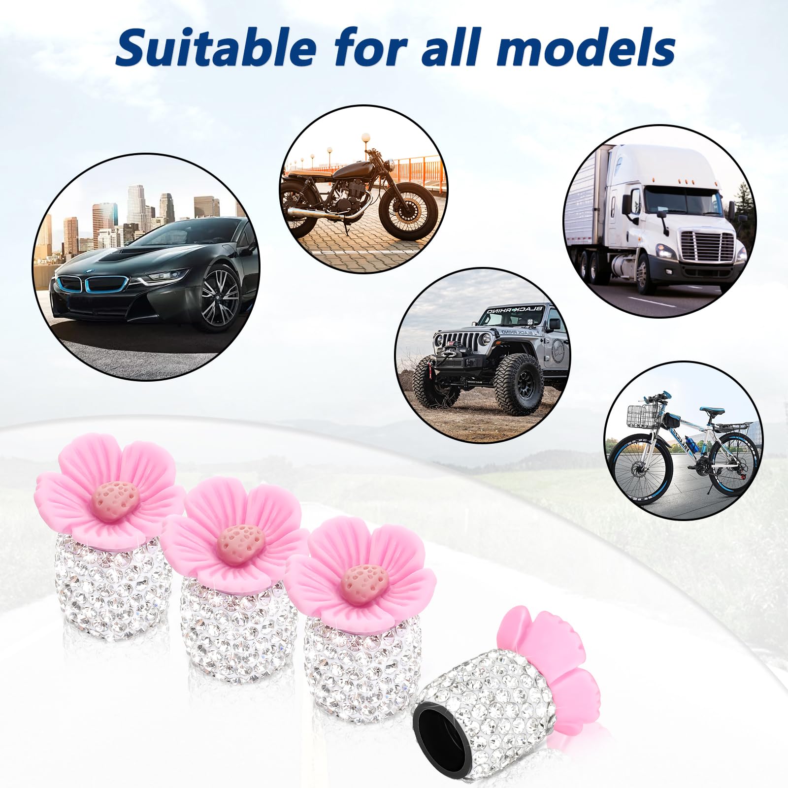4 Pack Crystal Rhinestone Car Tire Valve Stem Caps Sakura Flower Dustproof Car Wheel Tire Valve Attractive Bling Car Accessories Universal for Cars Trucks and Motorcycles ()
