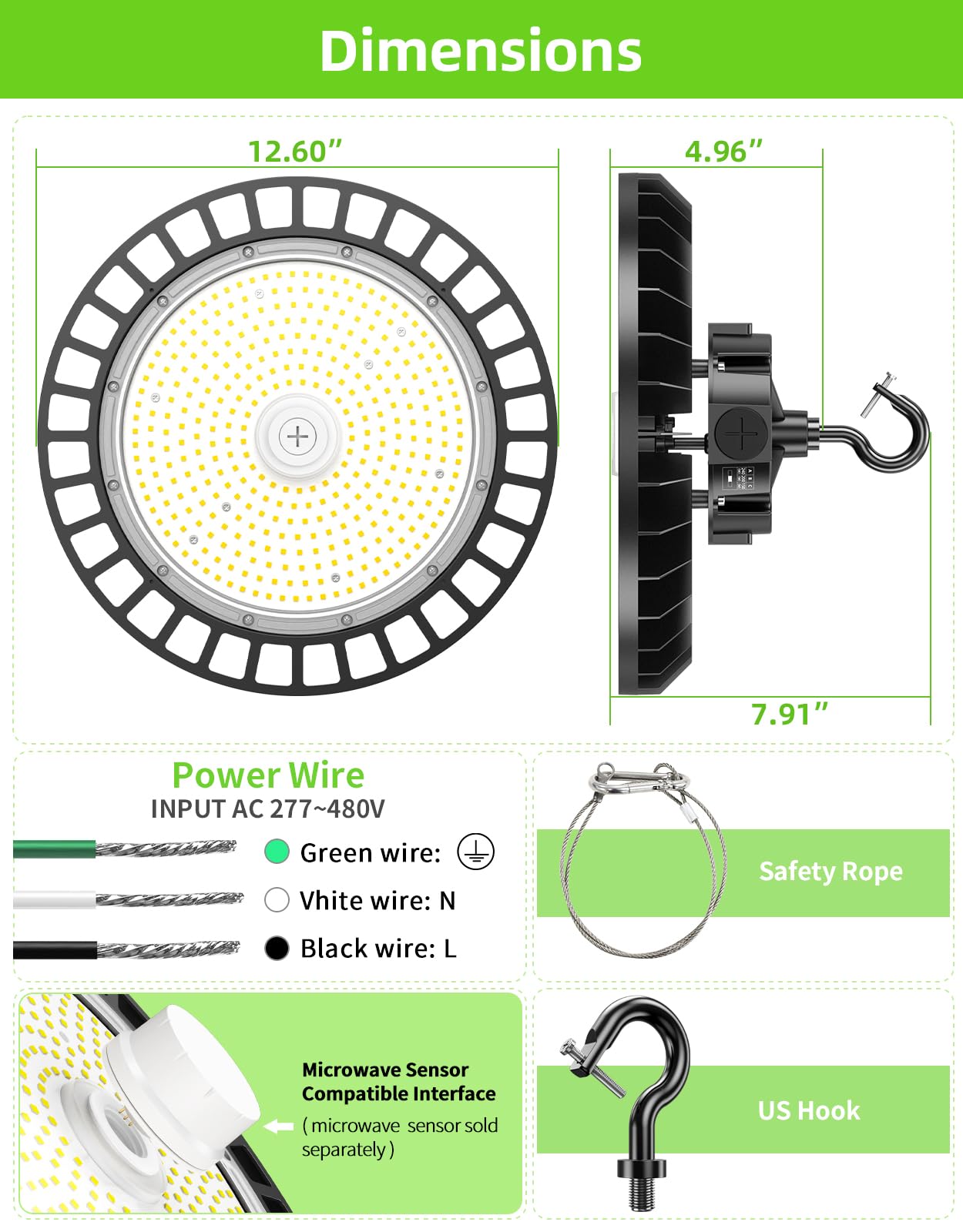 3 Pack 480V High Bay Light UFO LED 240W 200W 150W Adjustable ETL DLC Listed 5000K LED Warehouse — view 5