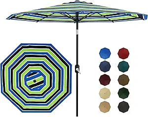 Patio Umbrella 9ft, Table Umbrella Outdoor Patio UV Protection with Crank Lift & Push Button Tilt, 8 Sturdy Ribs for Yard, Deck, Pool - Tricolor Stripe