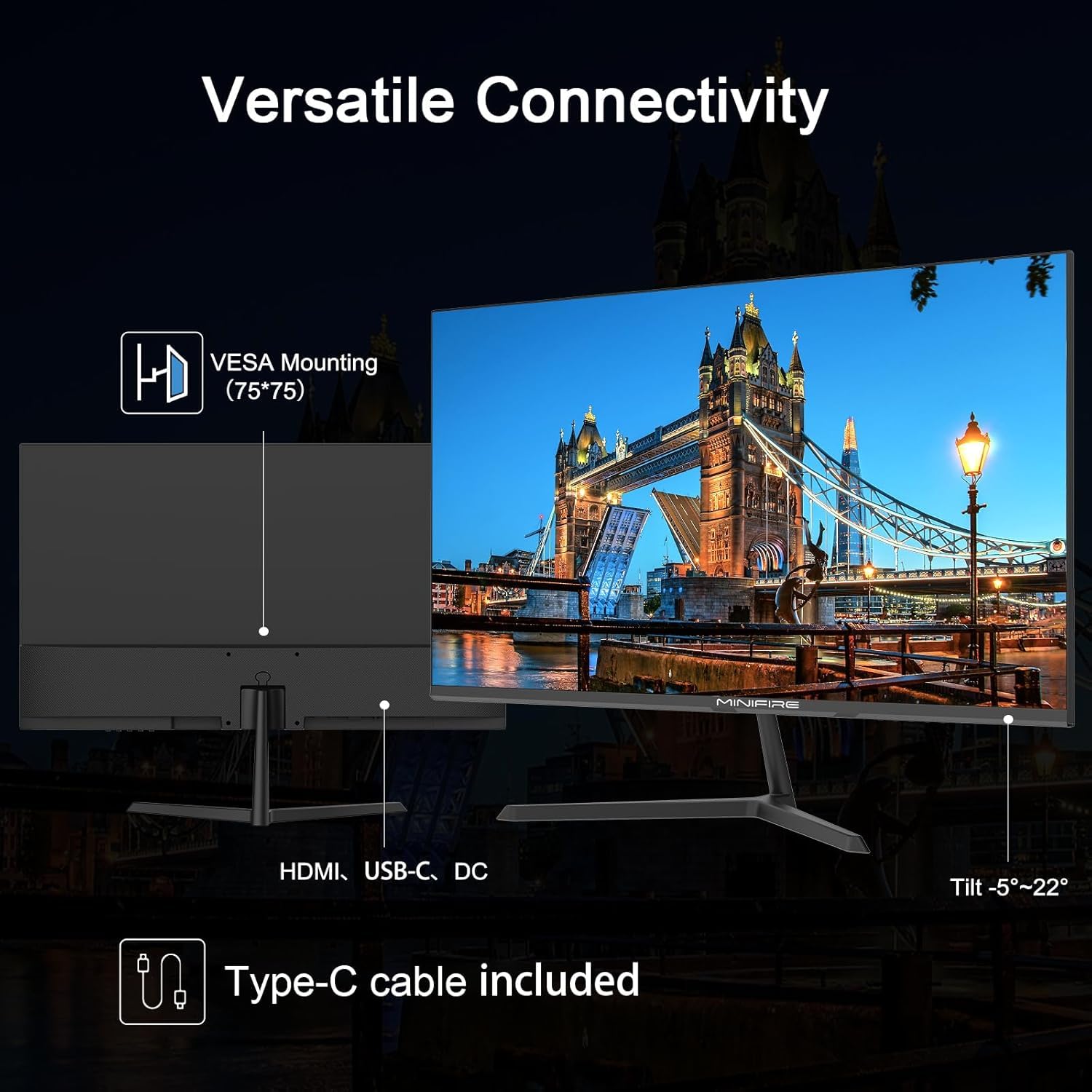 Minifire 24-inch USB-Type C Monitor, 1920x1080 Full HD, 100Hz, 4000:1 High Contrast Ratio PC Screen, 75% DCI-P3, HDR, 8 Bits, USB-C&HDMI 1.4, VESA 75x75mm (MF24X3AL) — view 7