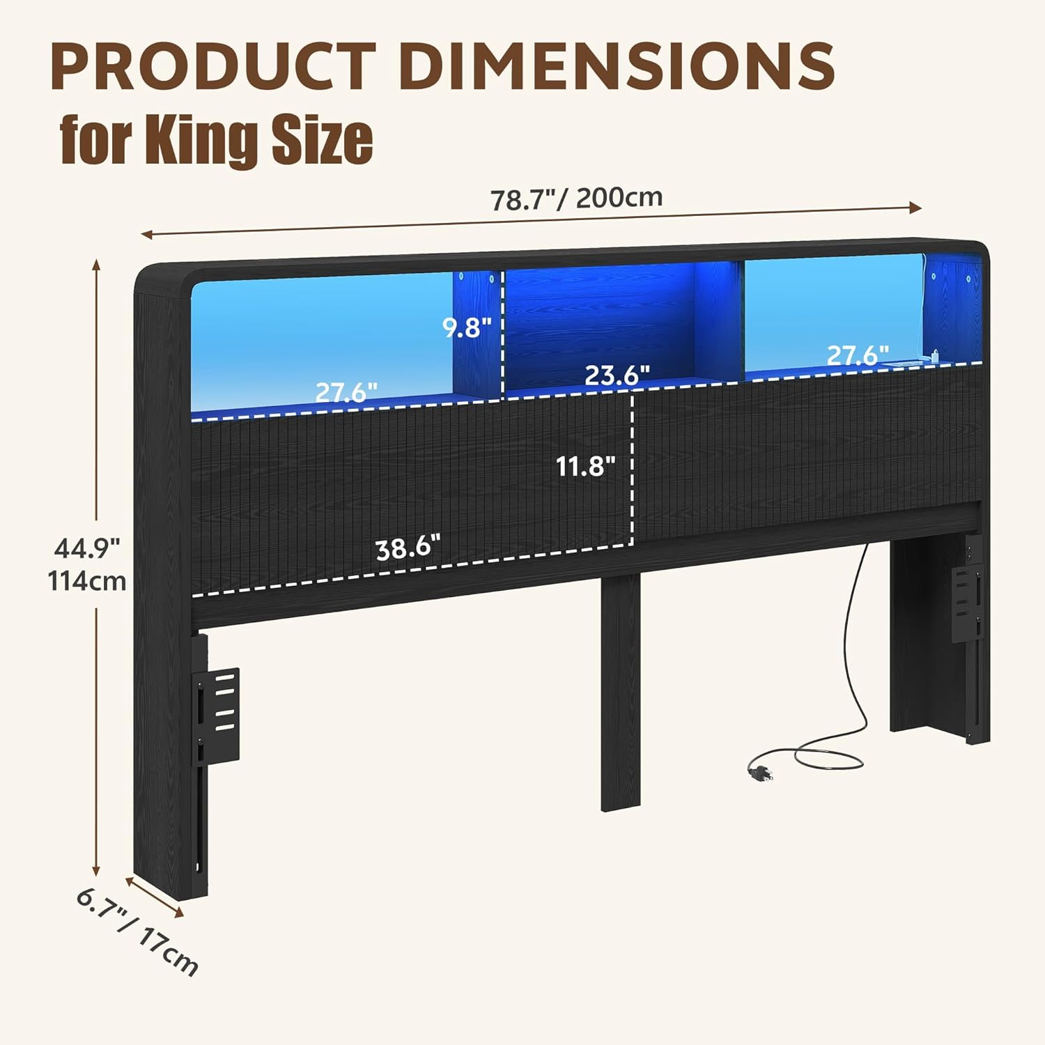 King Headboard Only, 78.7" Wide Wooden Headboard King Size, Modern Farmhouse Head Board with Outlets & USB Ports, Wall Mounted Headboards with Color-Changing LED Lighting, Black