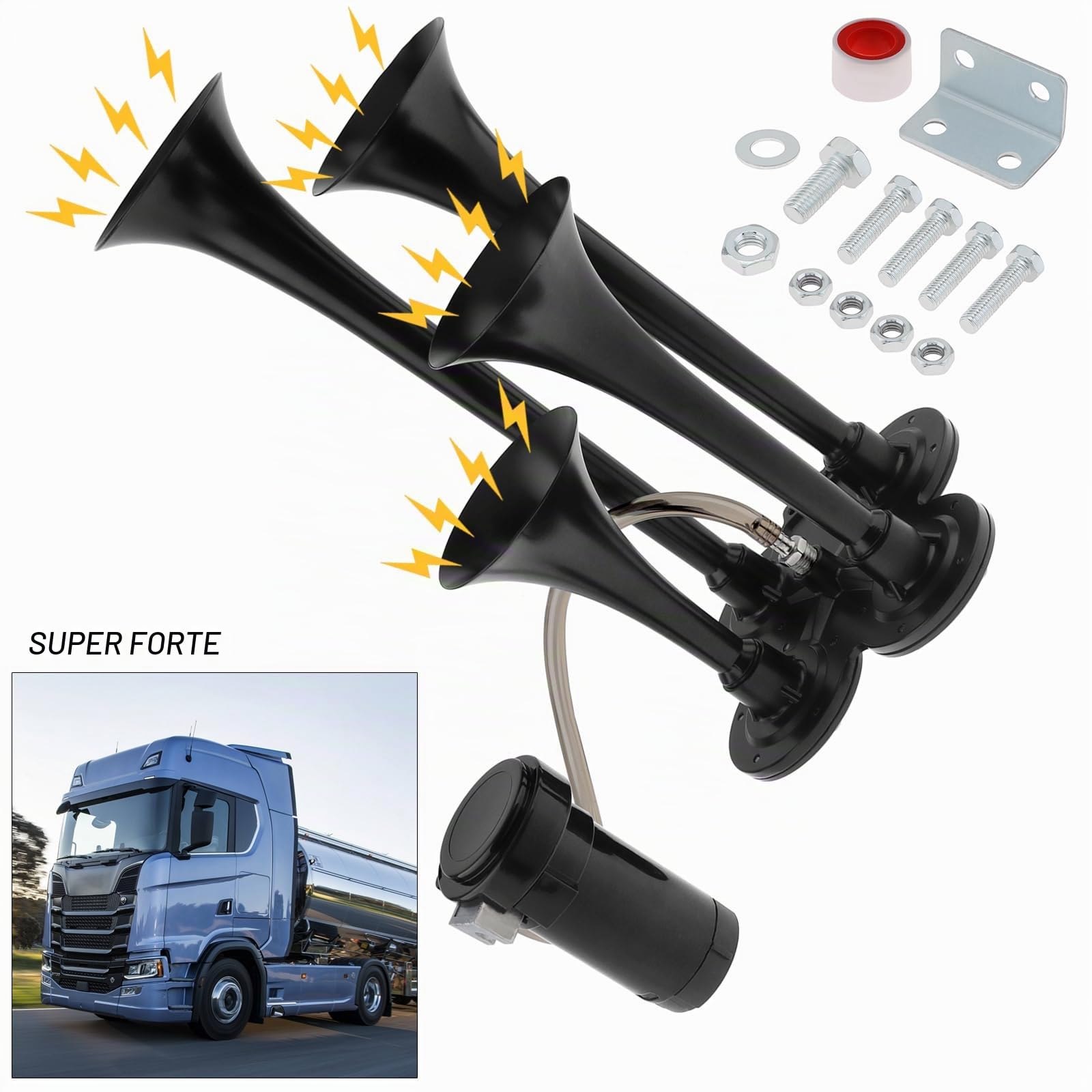 Kit tromba per treno, 4 trombe ad aria compressa, 12 V, 185 dB, super rumoroso, per pickup, quattro trombe con compressore, per auto, camion
