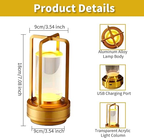 Miniatura 6 de GZKPL - Lámpara de mesa inalámbrica, recargable, portátil, LED, de escritorio, funciona con pilas, lámpara táctil de mesita de noche con brillo