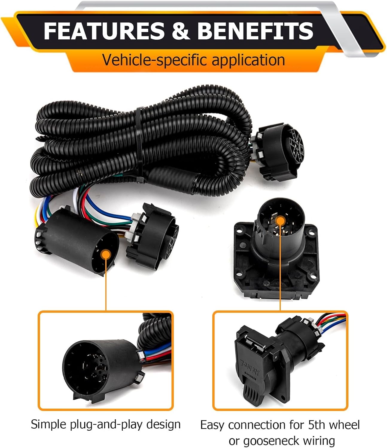 WeiSen 7-Way Trailer Wiring Harness Extension Connect Tail with Plug & Play Connector Compatible with Ford F150 F250 F350 F450 F550 Super Duty Fit Dodge Ram Fit GMC Sierra 1500 2500 3500 Fit Titan