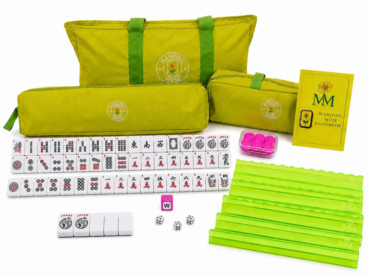 Mahjong Muse American Mahjong Tile Set, 166 Premium White Engraved Tiles, Dice, Wind Indicator, Rack/Pushers Color May Vary, Complete Mahjong Game Set with Carrying Bag (RED)
