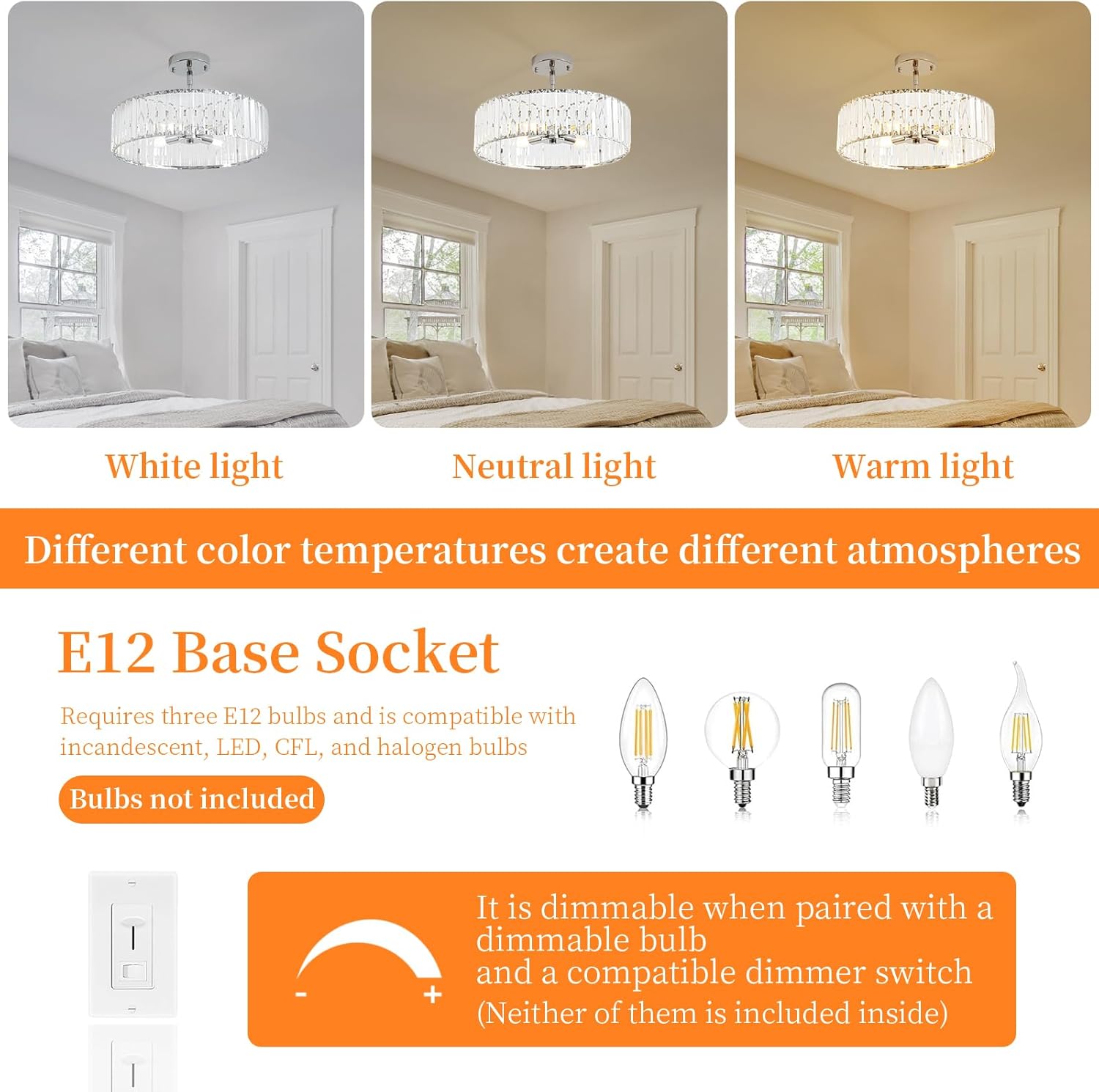 4-Light Chrome Crystal Chandelier,Modern Dinning Room Light Fixture,Round Pendant Light Kitchen Island,Semi Flush Mount Ceiling Light for Hallway Living Room Entryway Bedroom,16 Inch